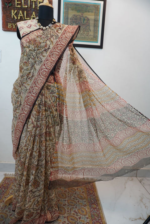 Multicolor block print saree with border