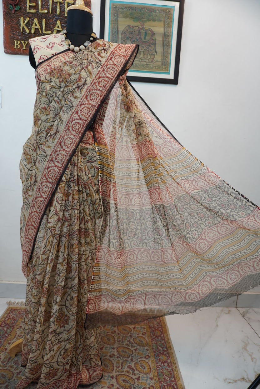 Multicolor block print saree with border