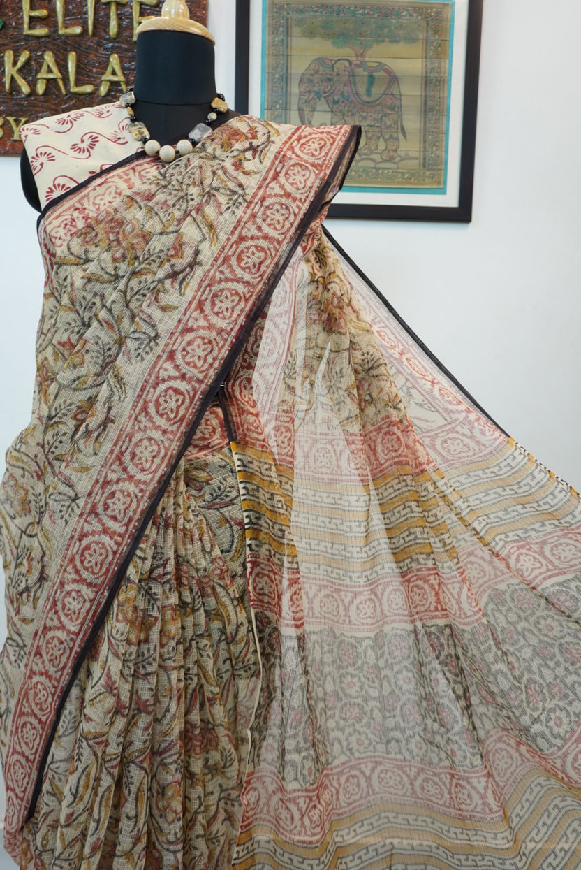 Multicolor block print saree with border