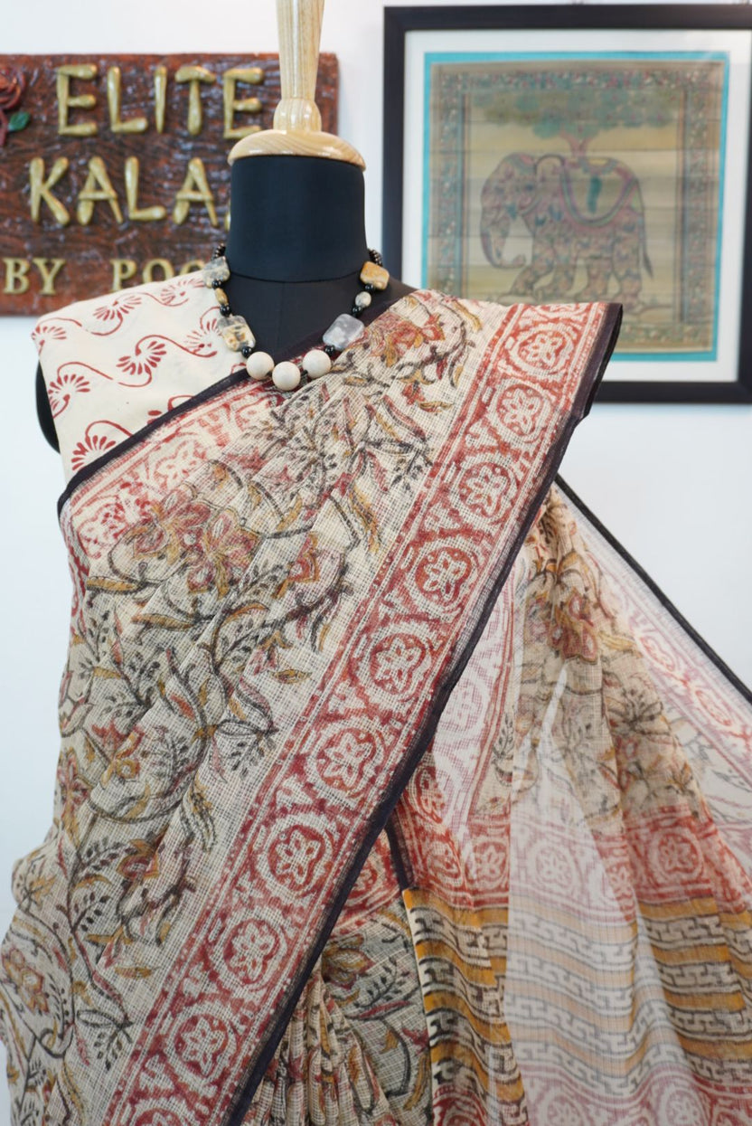 Multicolor block print saree with border