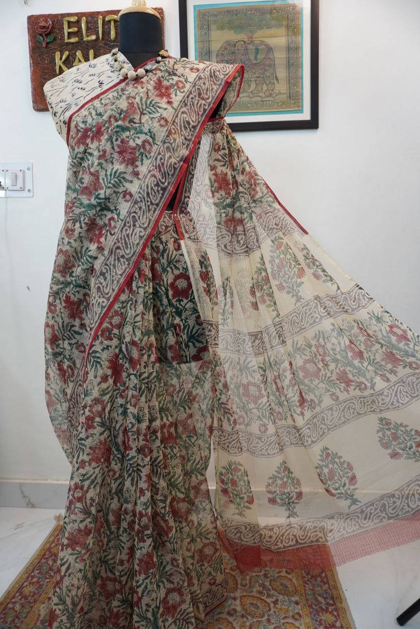 Handblock kota saree with floral multicolor design in red, green and grey with border