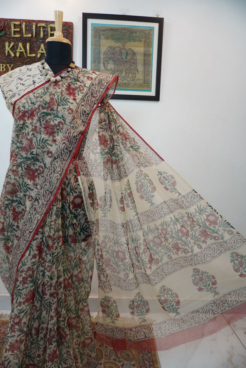 Handblock kota saree with floral multicolor design in red, green and grey with border