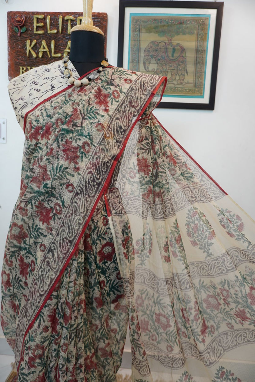 Handblock kota saree with floral multicolor design in red, green and grey with border