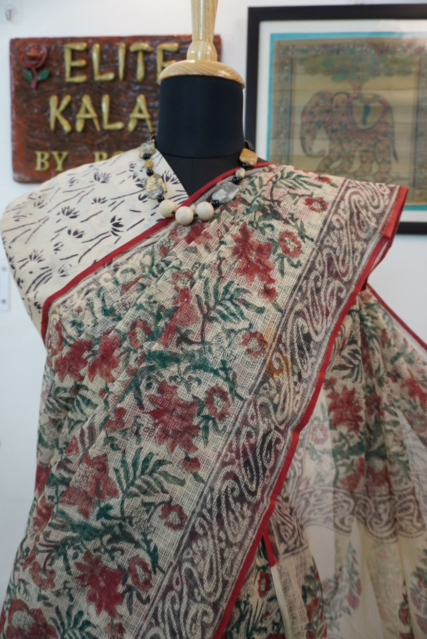 Handblock kota saree with floral multicolor design in red, green and grey with border