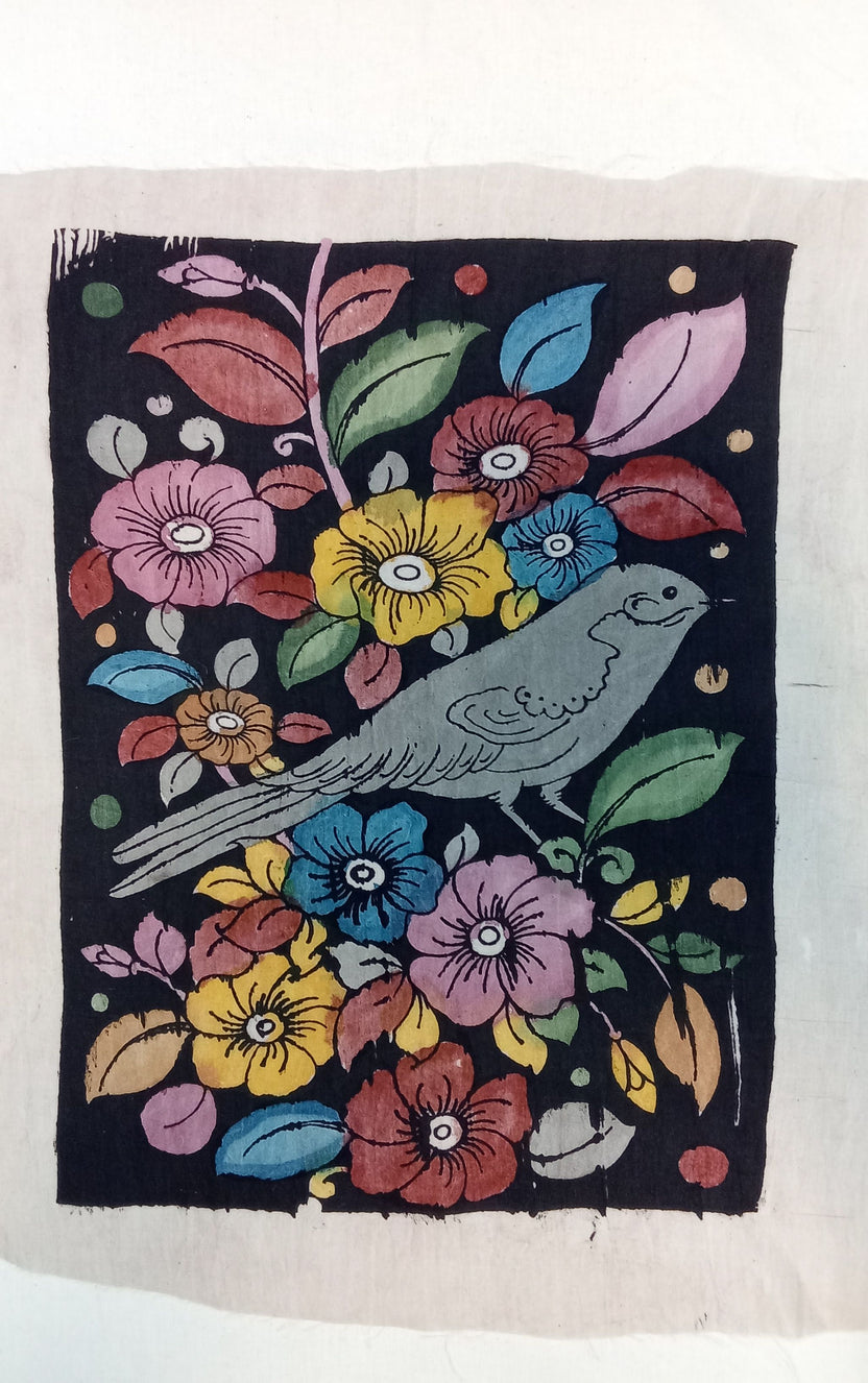Black Kalamkari Bangalore Silk figurative fabric patch with handdrawn and handpainted design