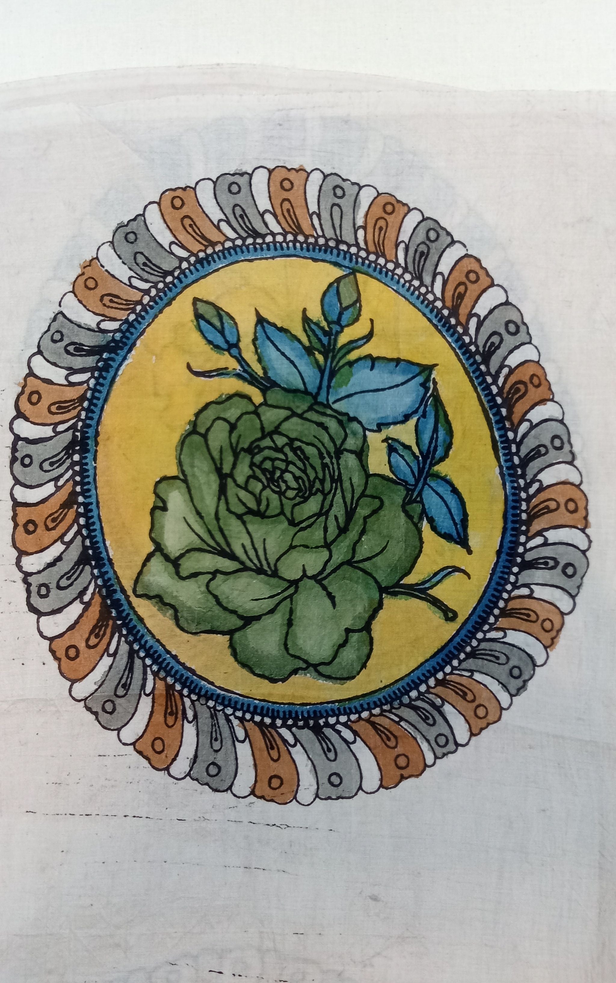 White Kalamkari Bangalore Silk fabric piece with handdrawn handpainted circular rose design and border