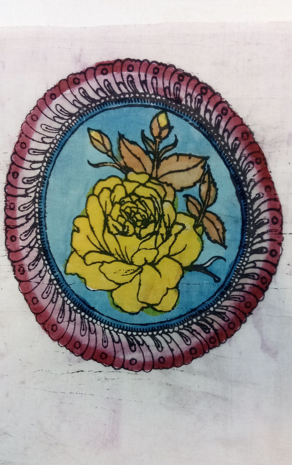 Kalamkari Bangalore Silk fabric piece with circular handdrawn and handpainted rose design and border