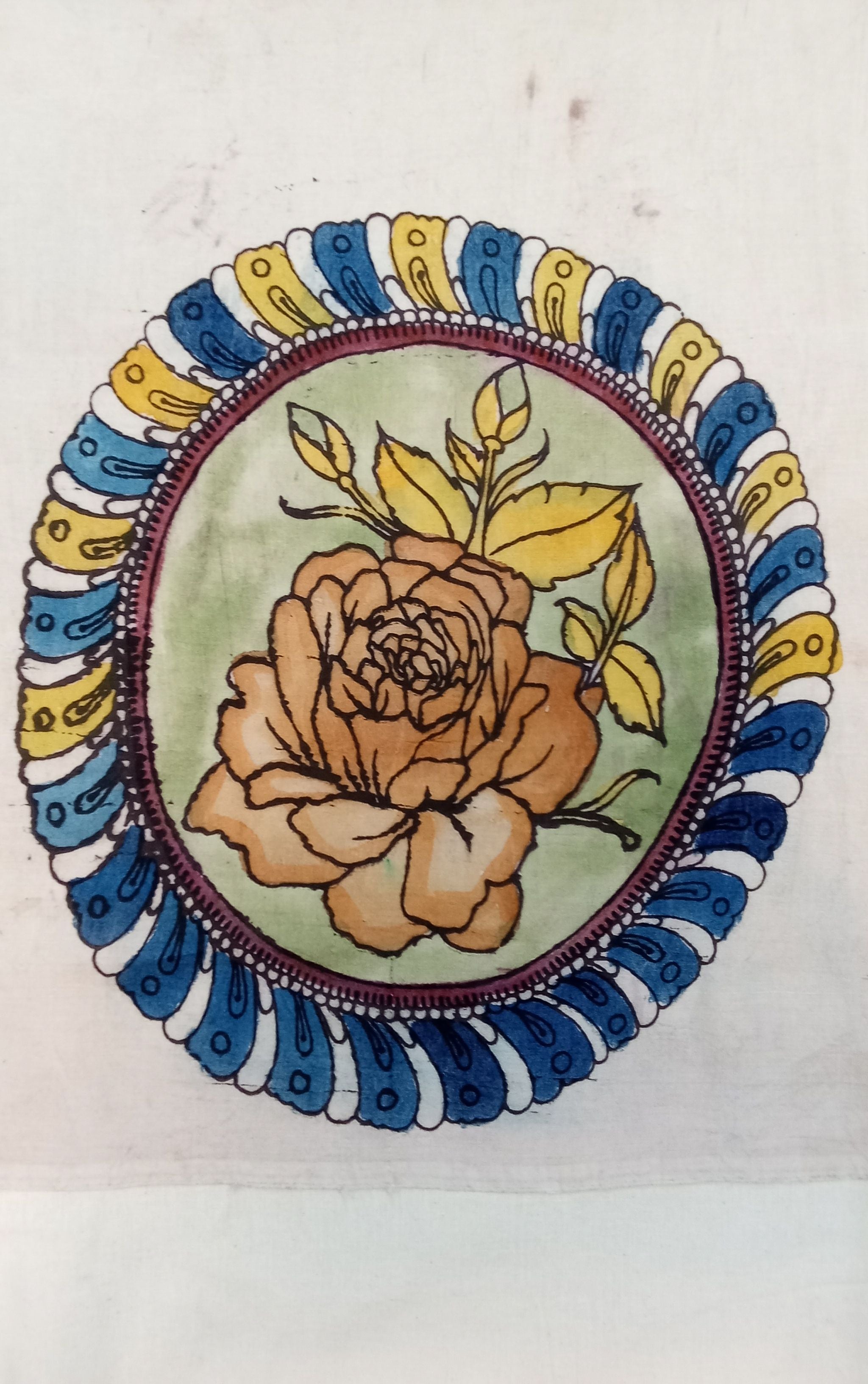 Multicolor Kalamkari Bangalore Silk fabric piece with circular rose design and border