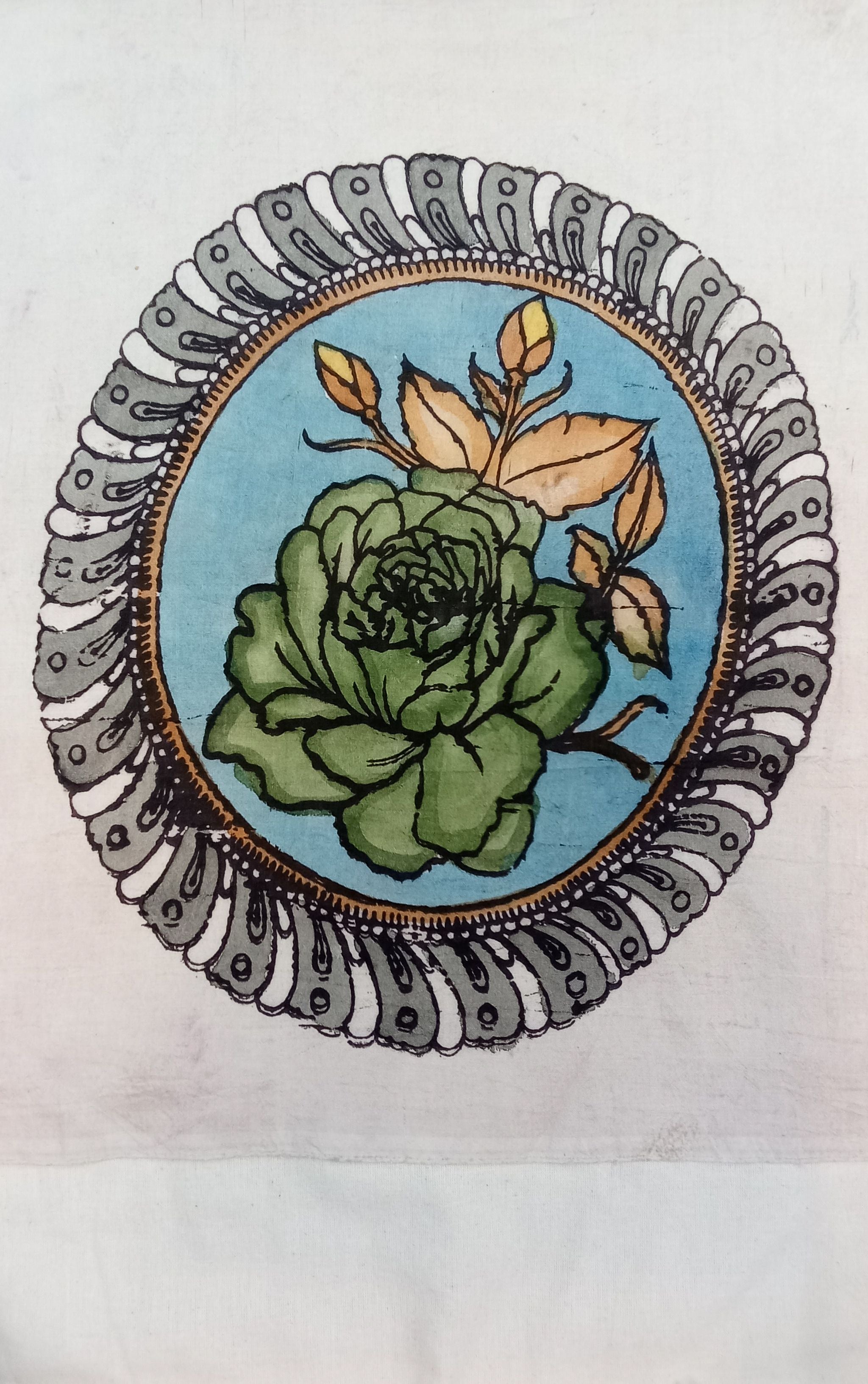 Kalamkari Bangalore Silk piece with multicolor circular rose design and border