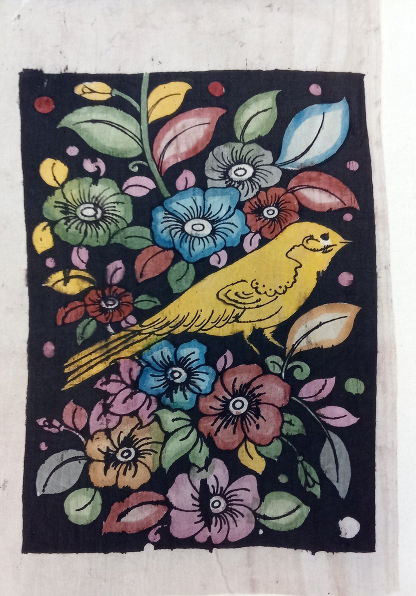 Black Kalamkari Bangalore Silk fabric patch with figurative handdrawn and handpainted design