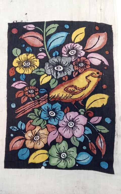 Black Kalamkari silk figurative fabric patch with handdrawn and handpainted detailing, design 07