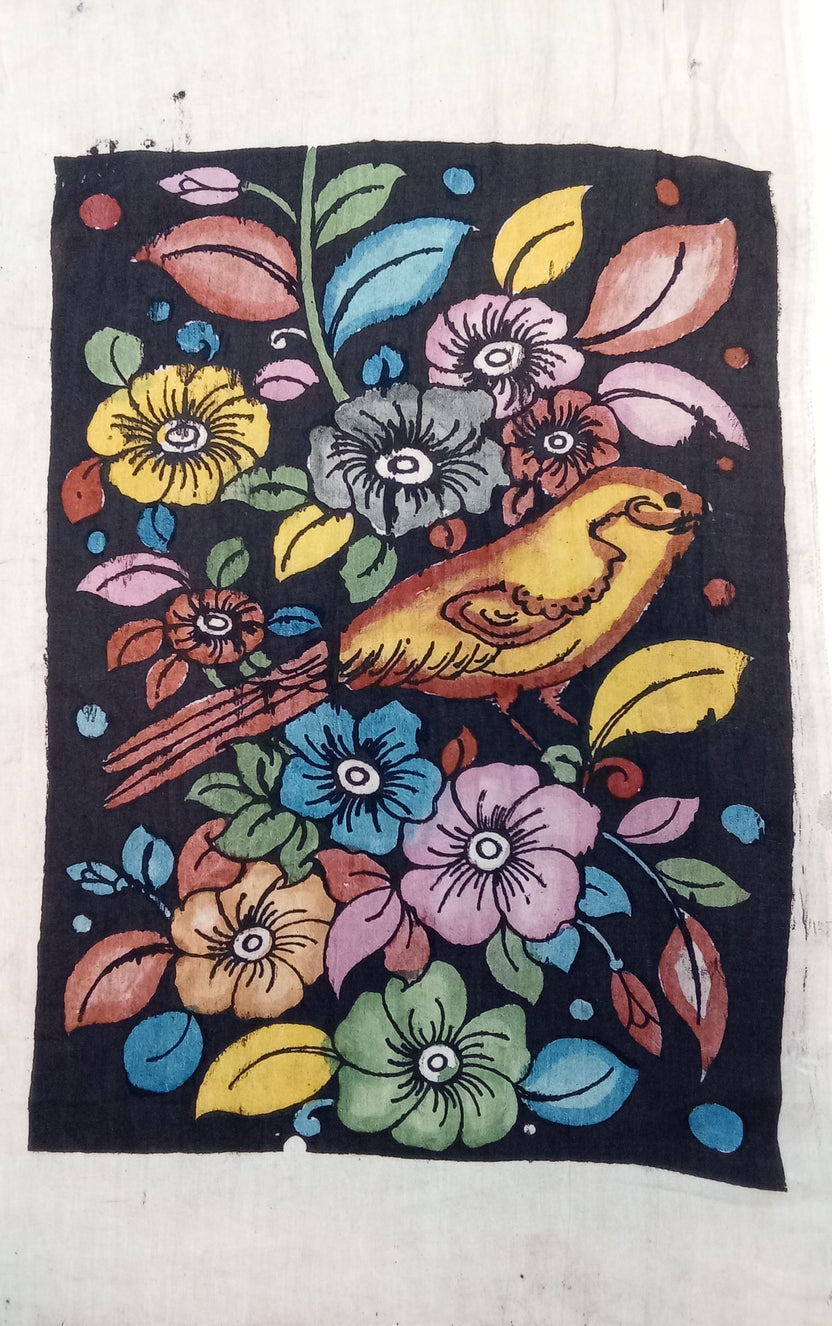 Black Kalamkari silk figurative fabric patch with handdrawn and handpainted detailing, design 07