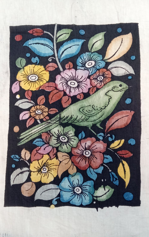 Black Kalamkari Bangalore silk figurative fabric patch with handdrawn and handpainted design