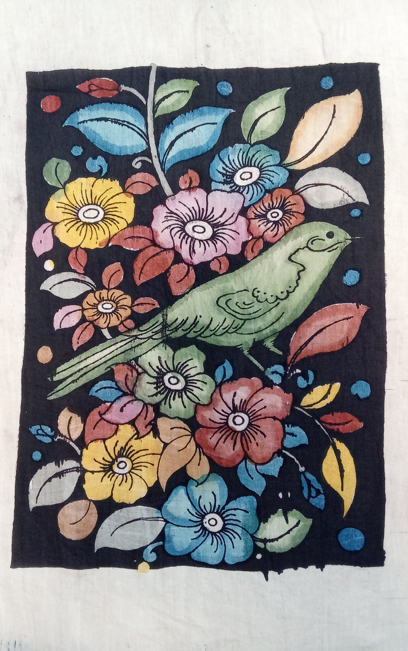 Black Kalamkari Bangalore silk figurative fabric patch with handdrawn and handpainted design