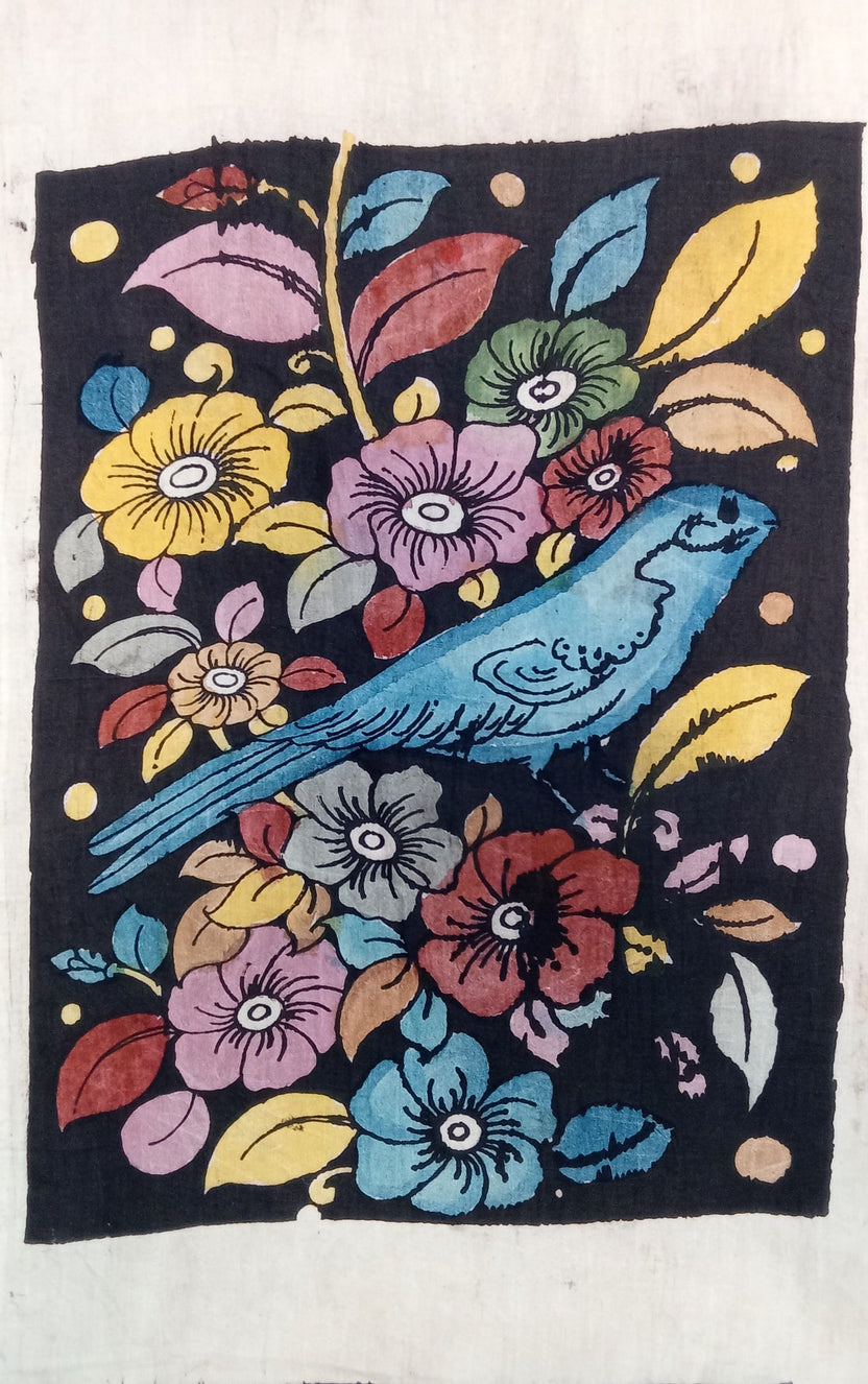 Multicolor Kalamkari Bangalore Silk figurative fabric patch with handdrawn and handpainted design, Large, Design 09.