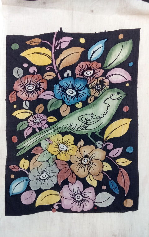 Black Kalamkari Bangalore Silk figurative fabric patch with handdrawn and handpainted design