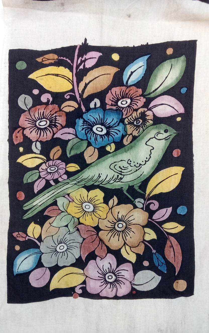 Black Kalamkari Bangalore Silk figurative fabric patch with handdrawn and handpainted design