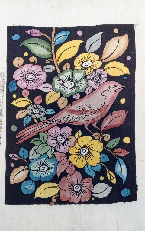 Multicolor Kalamkari Bangalore Silk figurative fabric patch with handdrawn and handpainted design