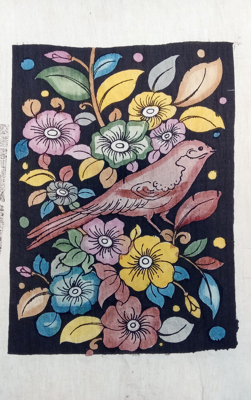 Multicolor Kalamkari Bangalore Silk figurative fabric patch with handdrawn and handpainted design