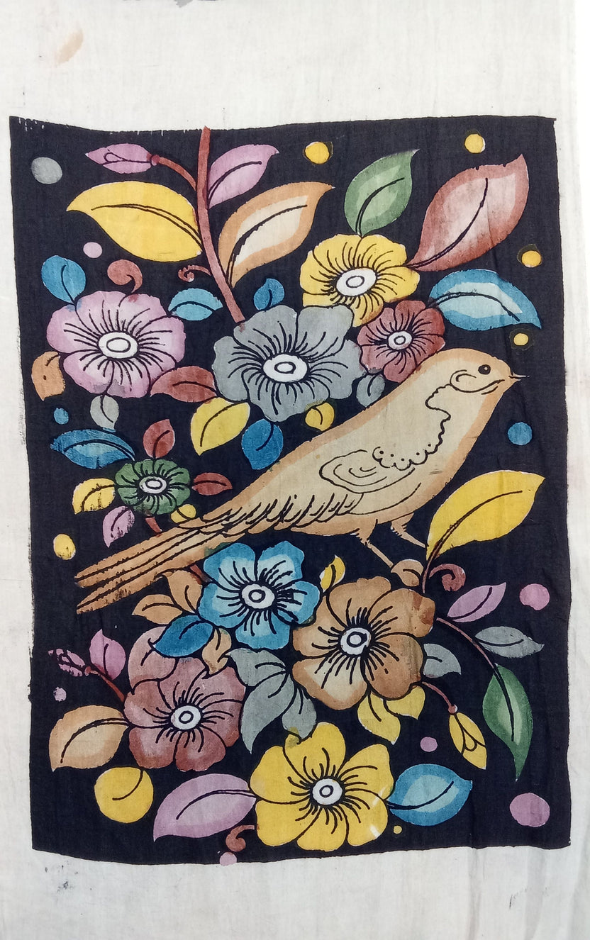 Black Kalamkari Bangalore Silk fabric patch with figurative handdrawn and handpainted design