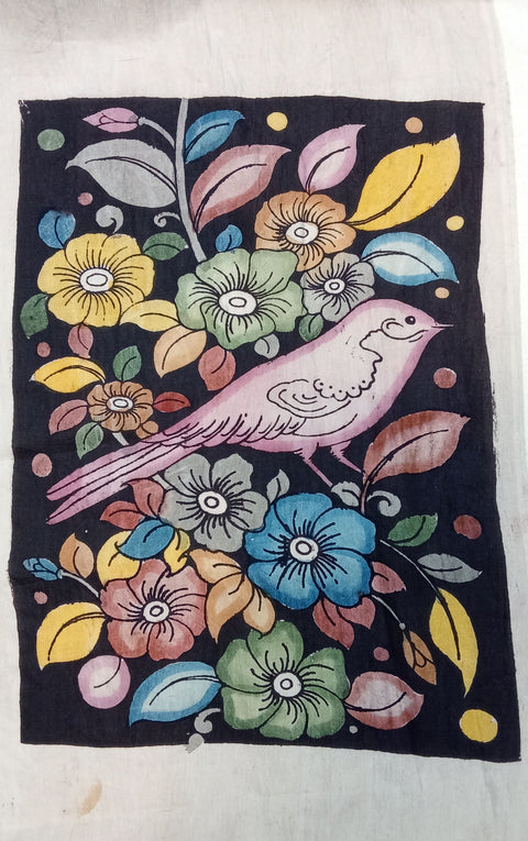 Black Kalamkari Bangalore Silk figurative fabric patch with border, handdrawn and handpainted, set of 13