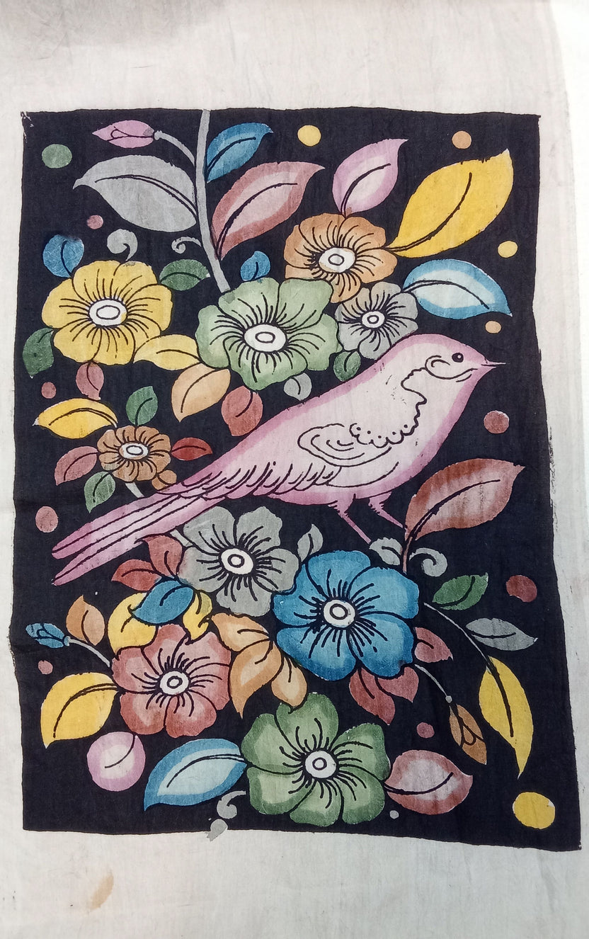 Black Kalamkari Bangalore Silk figurative fabric patch with border, handdrawn and handpainted, set of 13