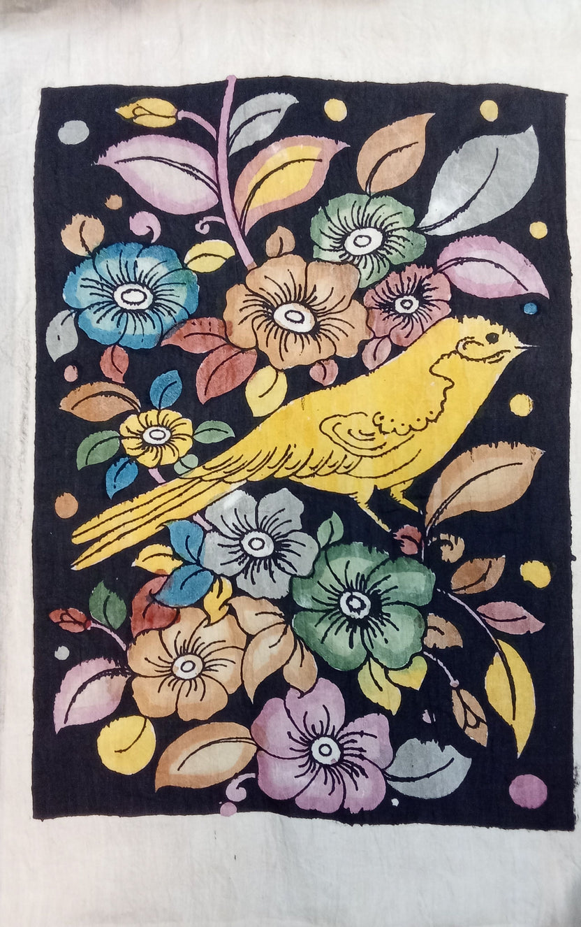 Black Kalamkari Bangalore Silk fabric patch with a figurative handdrawn and handpainted design