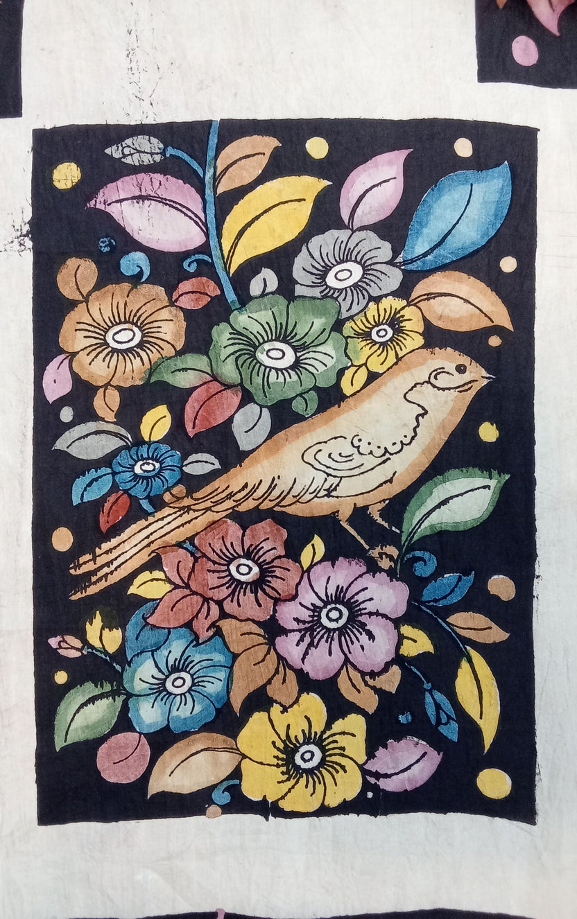 Black Kalamkari figurative fabric patch with border detail