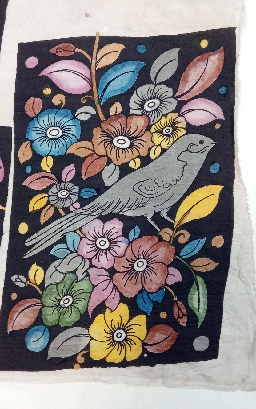 Black Kalamkari Bangalore Silk figurative fabric patch with handdrawn and handpainted design, Large - 19
