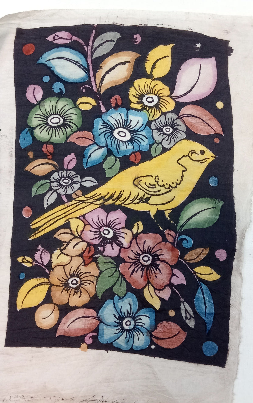 Black Kalamkari Bangalore Silk figurative fabric patch with handdrawn and handpainted design