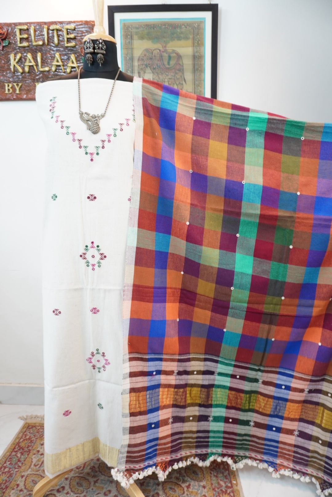 Kala cottpn bhujodi 3 piece suits-off white with multi colour dupatta
