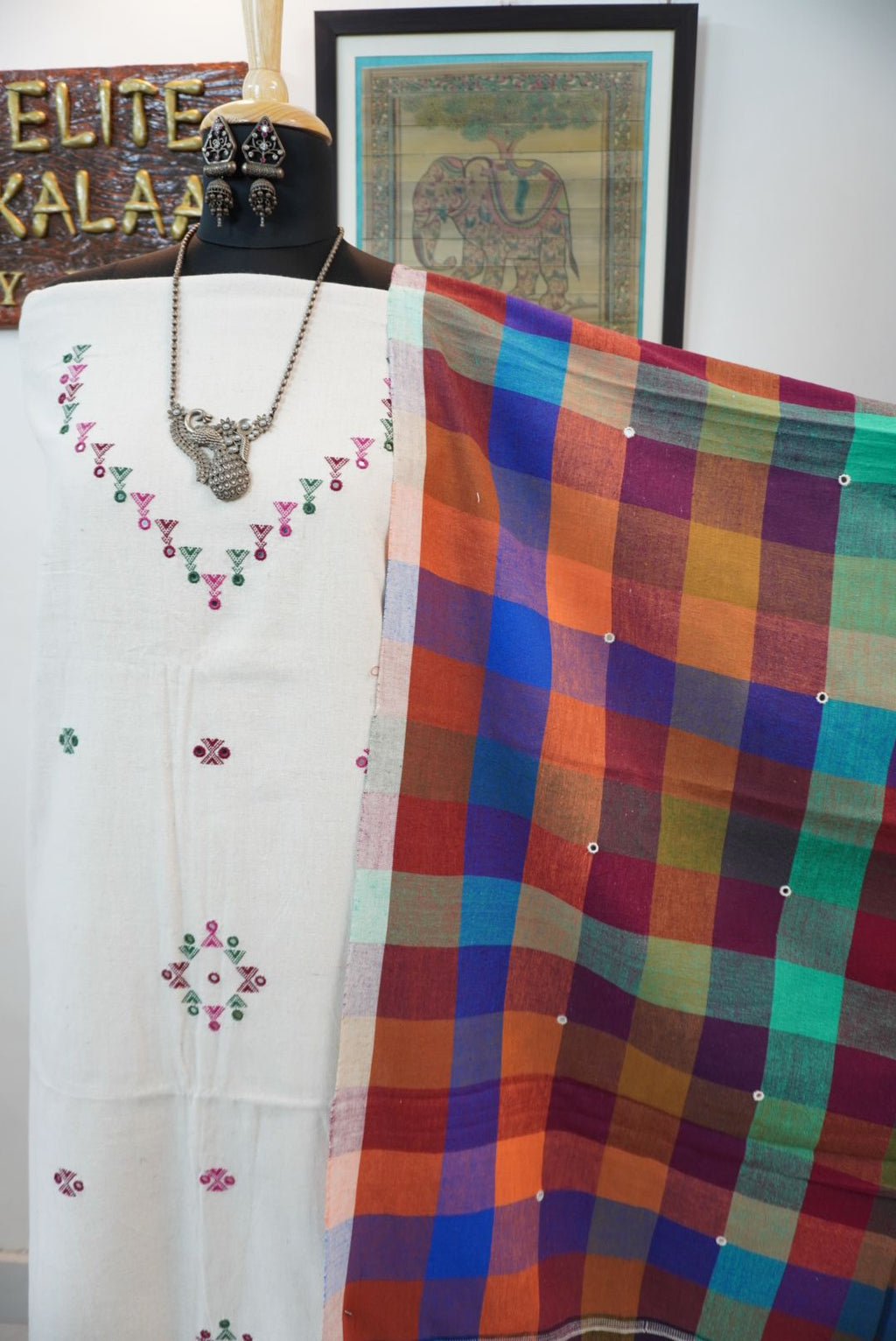 Kala cottpn bhujodi 3 piece suits-off white with multi colour dupatta