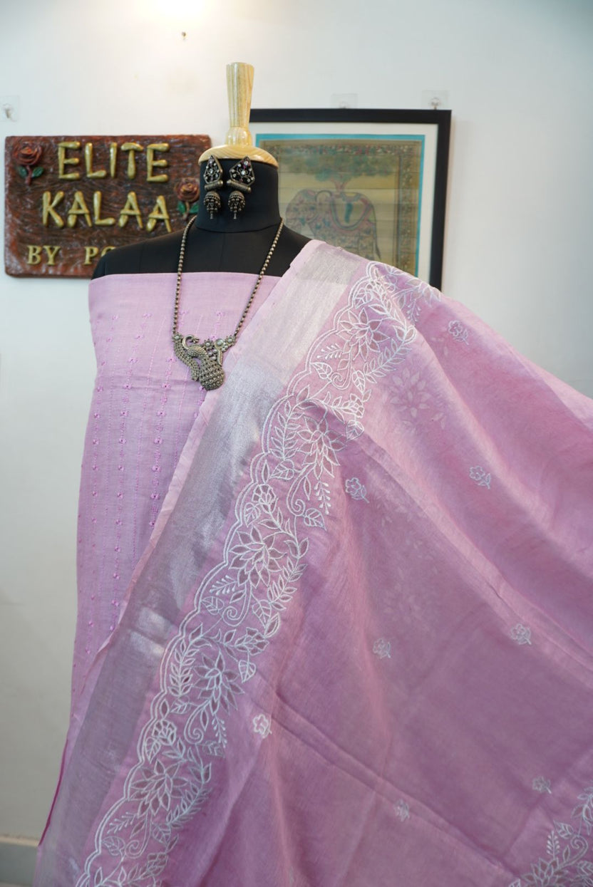 Pink 3 piece linen suit with applique work dupatta, placement pattern and border detail