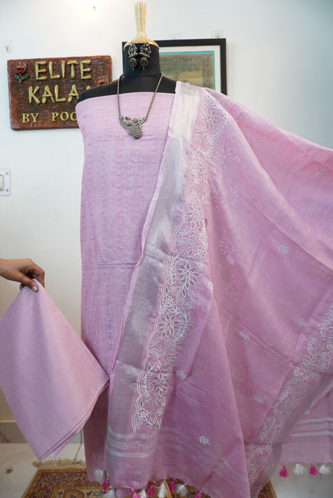 Pink 3 piece linen suit with applique work dupatta, placement pattern and border detail