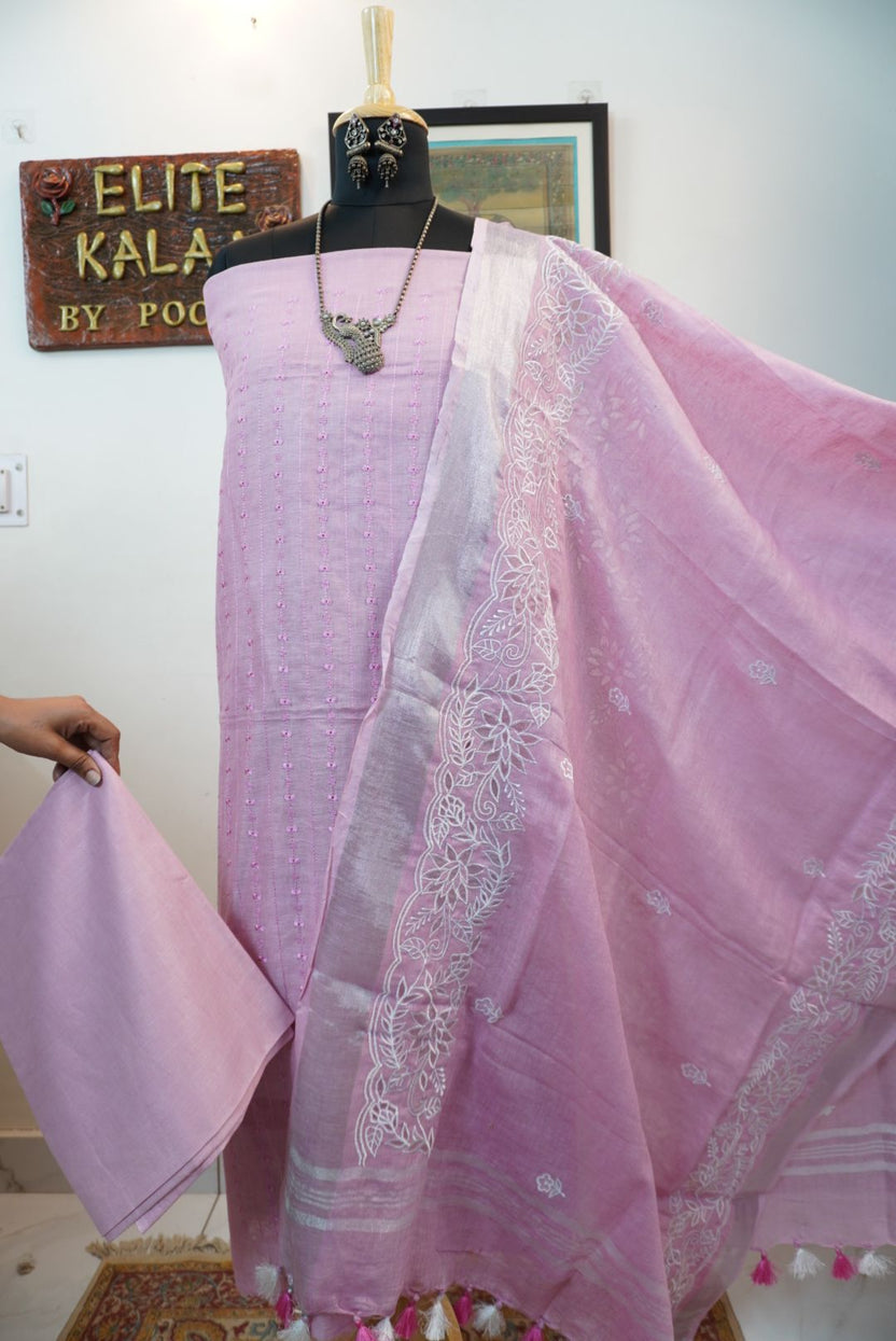 Pink 3 piece linen suit with applique work dupatta, placement pattern and border detail