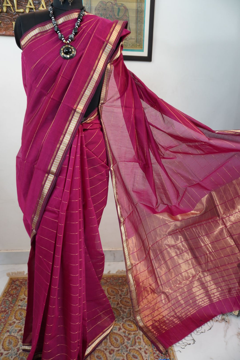 Maheshwari handloom silk by cotton saree with tissue palla - hot pink