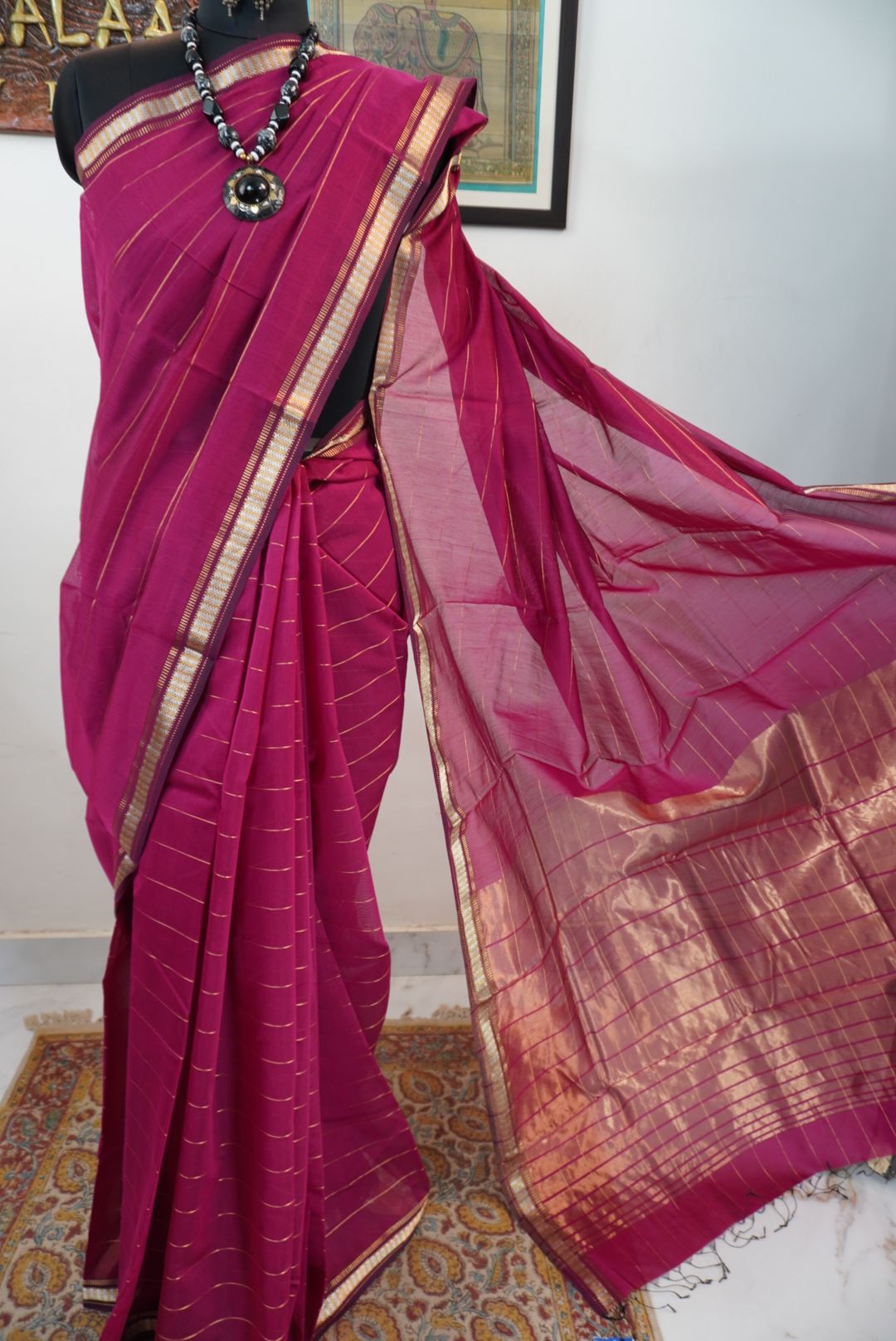 Maheshwari handloom silk by cotton saree with tissue palla - hot pink