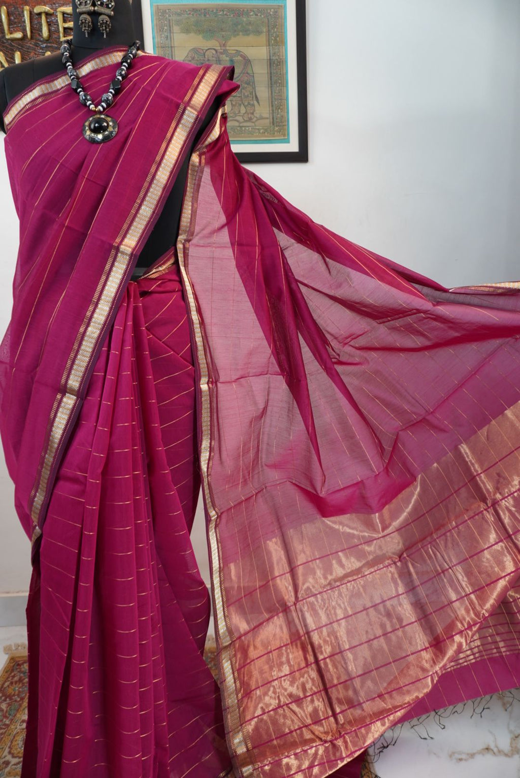 Maheshwari handloom silk by cotton saree with tissue palla - hot pink