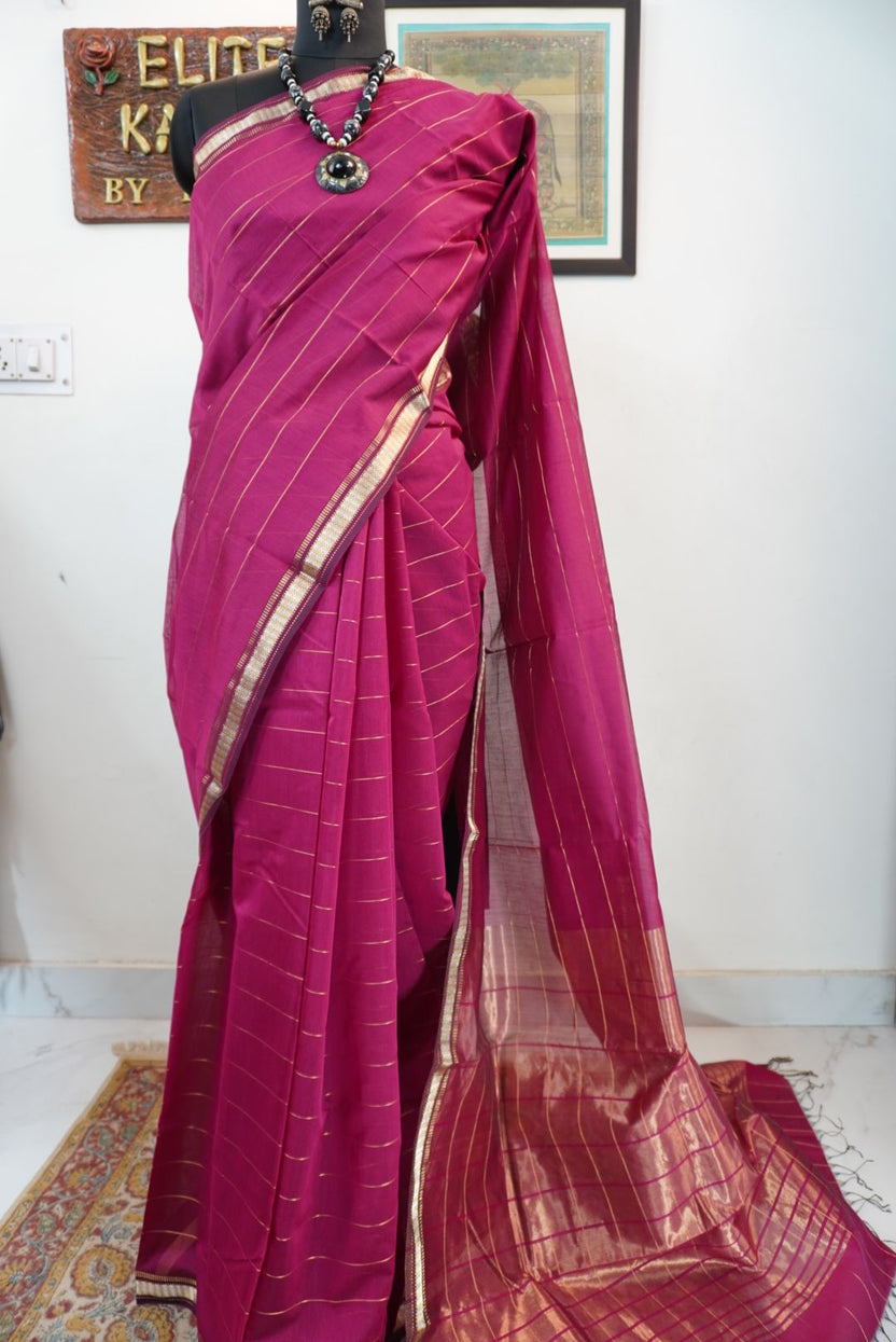 Pink striped saree with border, zari detail and fringe finish