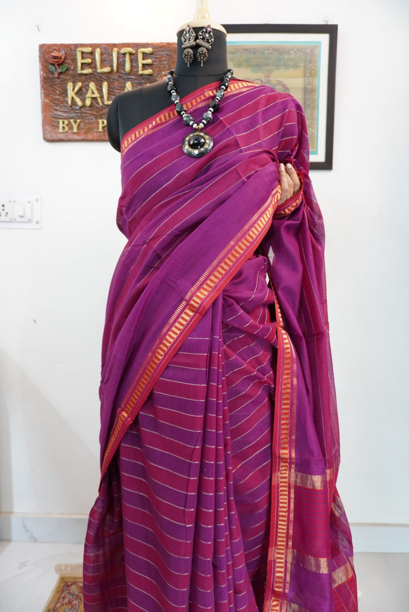 Purple striped saree with multicolor accents, border and zari details
