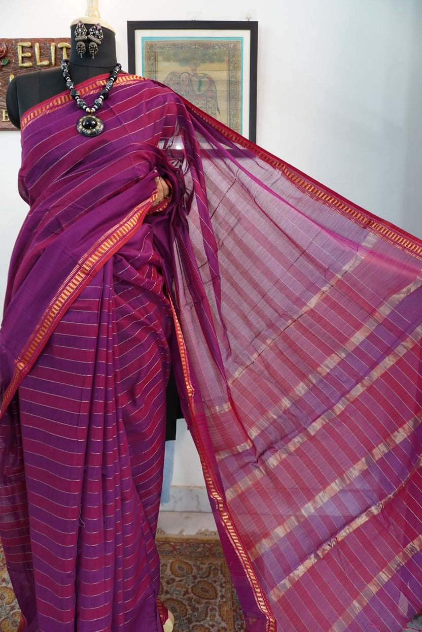 Purple striped saree with multicolor accents, border and zari details