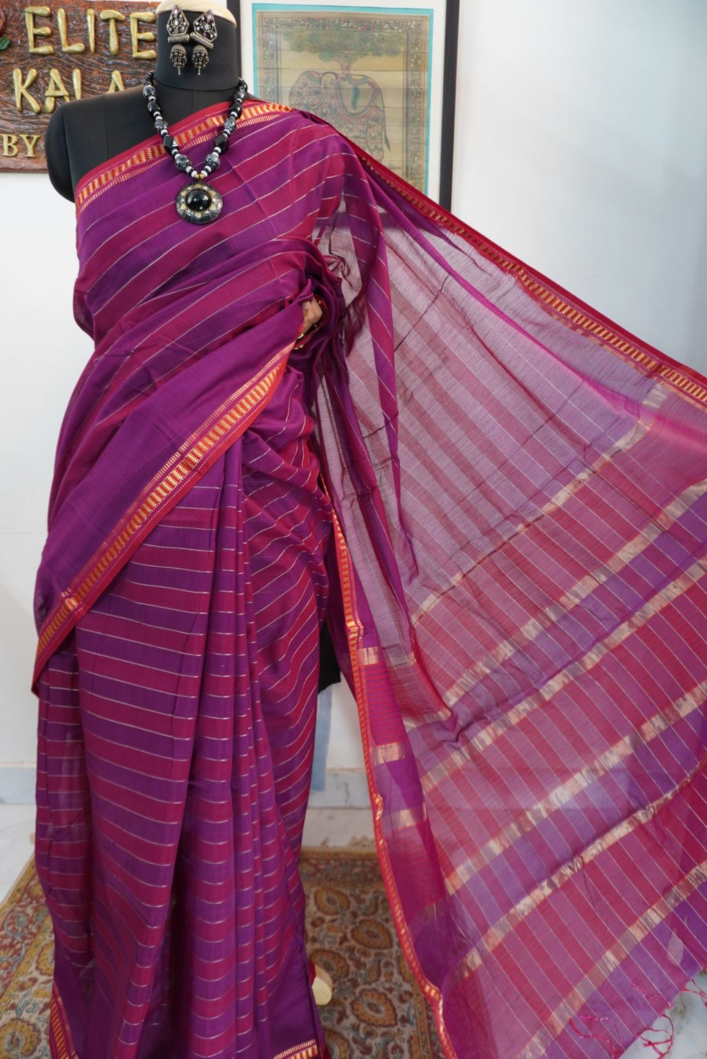 Maheshwari handloom silk by cotton saree with tissue palla - purple