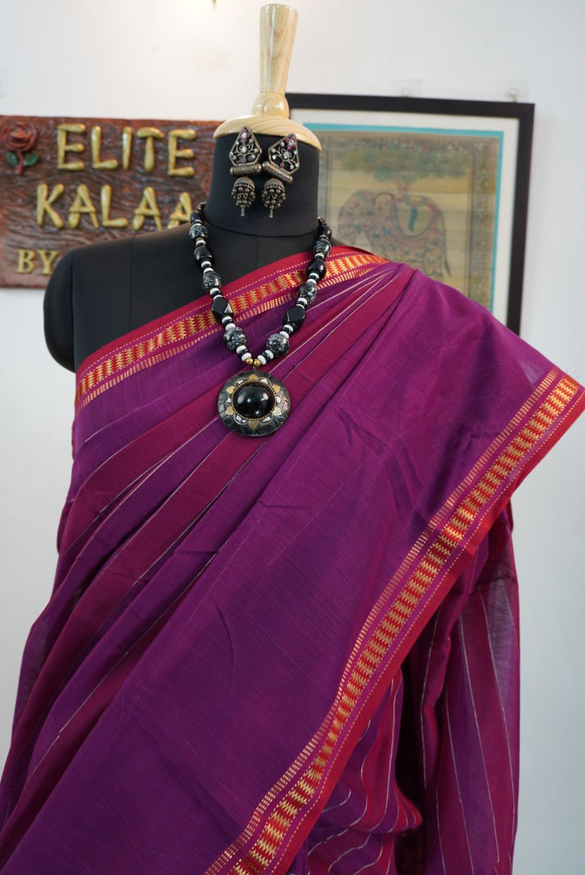 Purple striped saree with multicolor accents, border and zari details