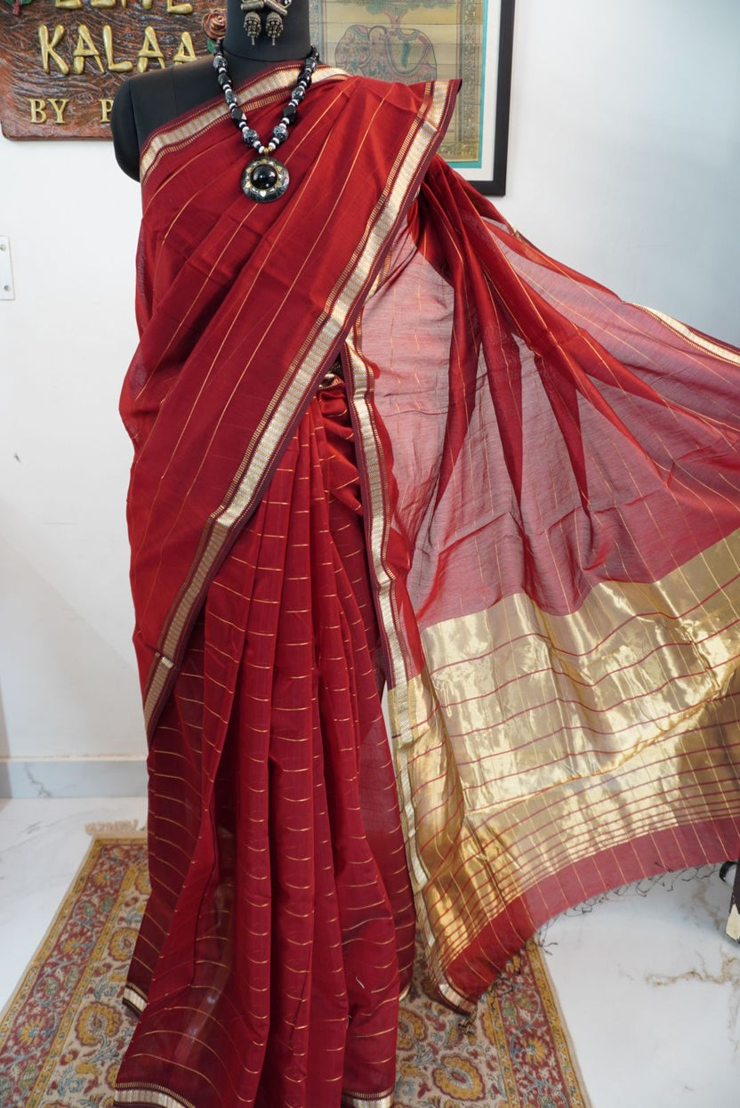 Red Maheshwari saree with striped multicolor design, border and zari detailing