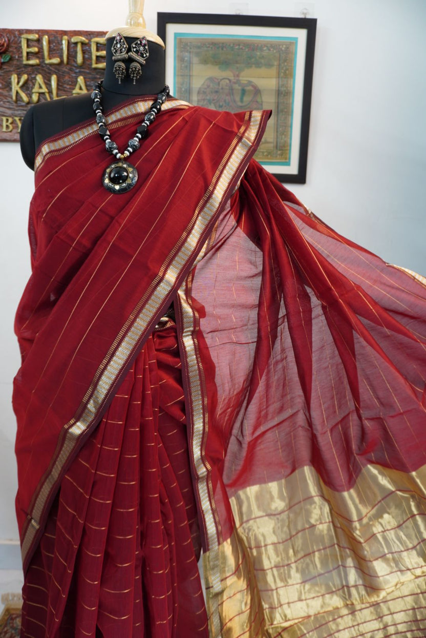 Red Maheshwari saree with striped multicolor design, border and zari detailing