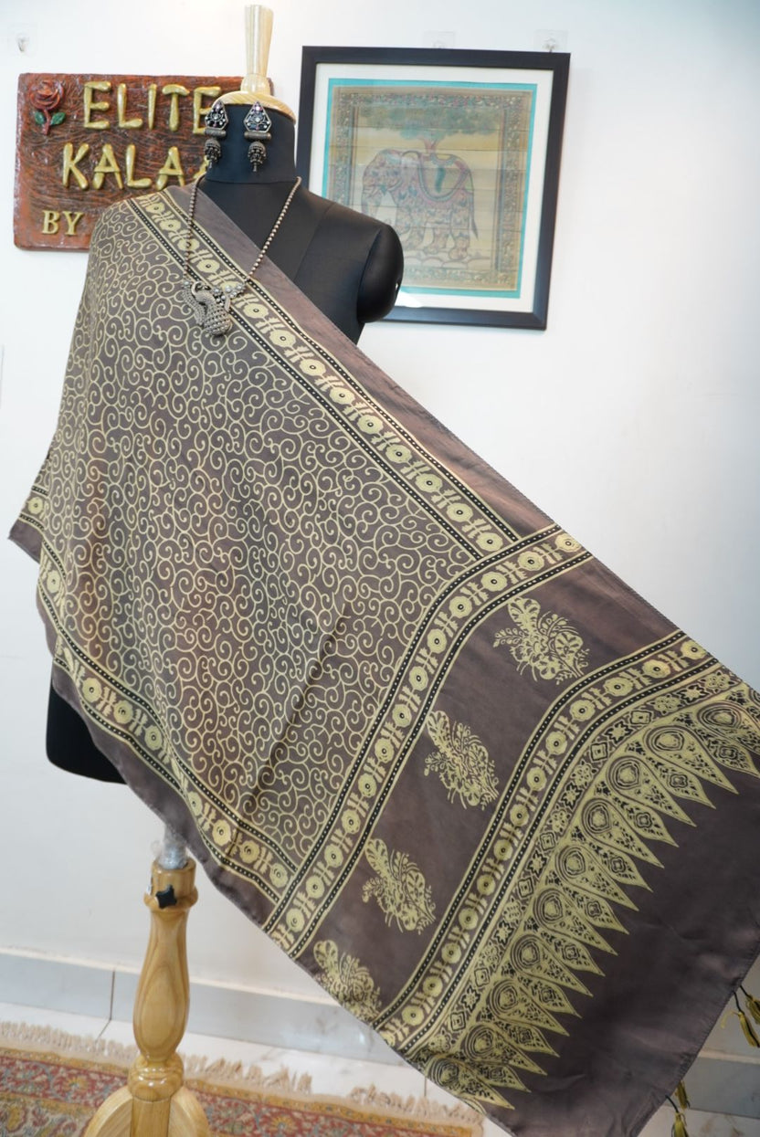 Brown, cream and beige geometric saree with a visible border