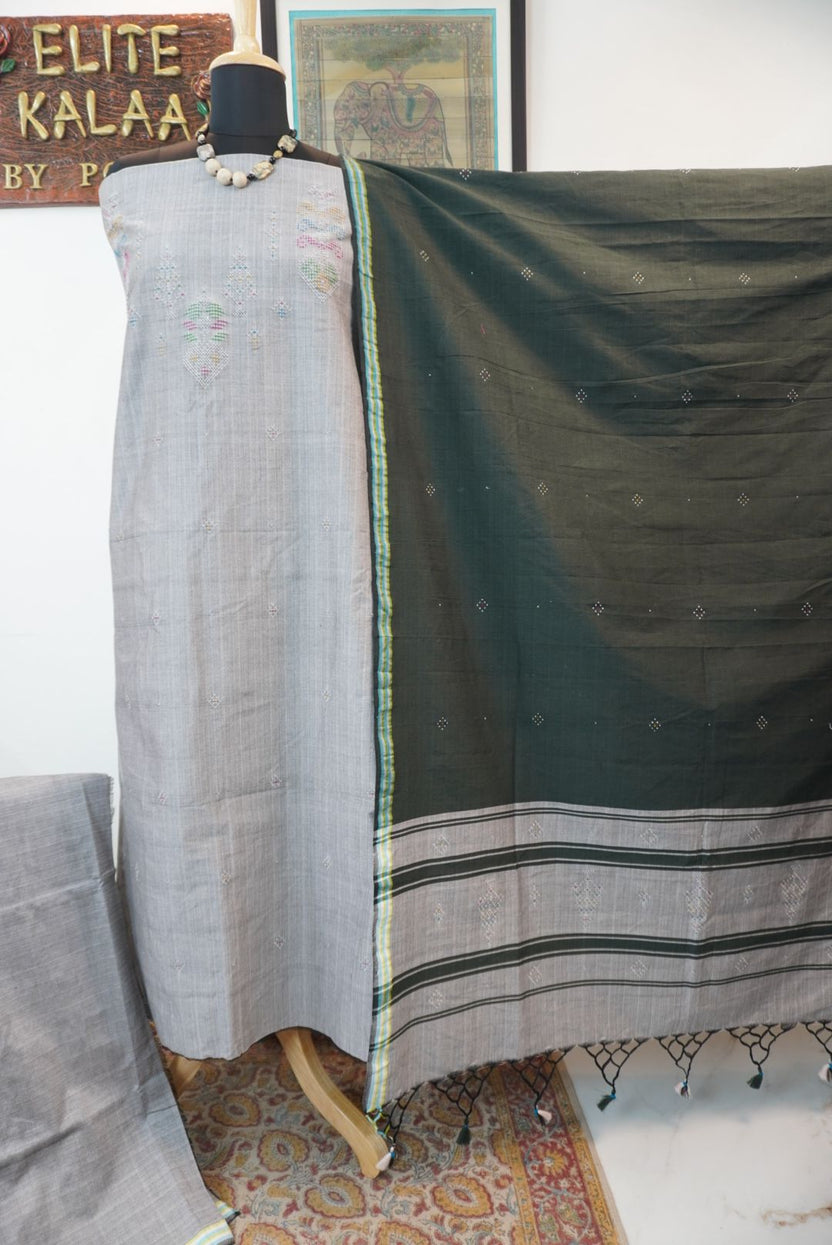 Tangaliya cotton 3 piece suit material in grey with military green dupatta, border detail and tassels