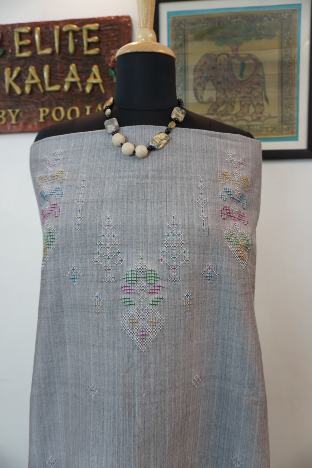 Tangaliya cotton 3 piece suit material in grey with military green dupatta, border detail and tassels