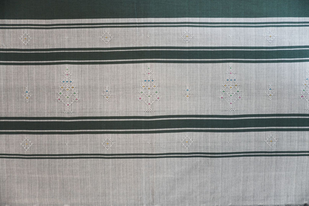 Tangaliya cotton 3 piece suit material in grey with military green dupatta, border detail and tassels