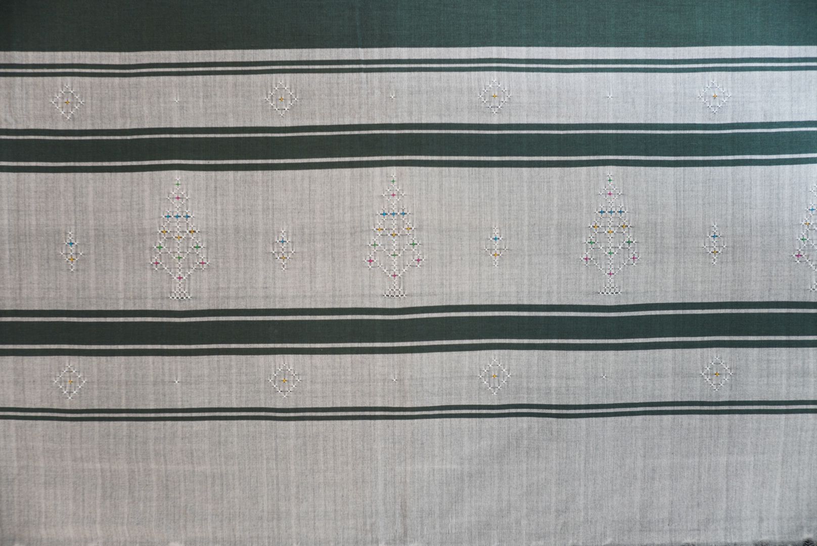 Tangaliya cotton 3 piece suit material in grey with military green dupatta, border detail and tassels